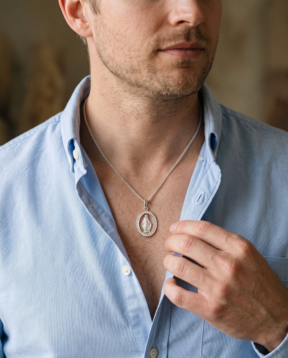 Sterling Silver Virgin Mary Pendant Necklace worn by a model