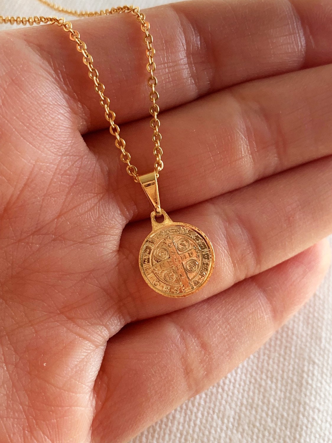 Mini St Benedict Necklace, St Benedict, Medallion Necklace, Gold Filled Necklace, Pendant Necklace, Dainty Gold Necklace,Cross Necklace,Gift