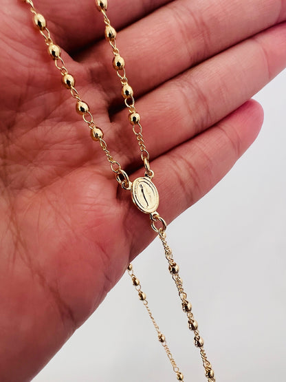 18KT Gold Filled Necklaces, Gold Filled Virgin Mary Rosary Necklace | 18" with 2mm Beads & Petite Cross by HAUS OF MONOGRAM